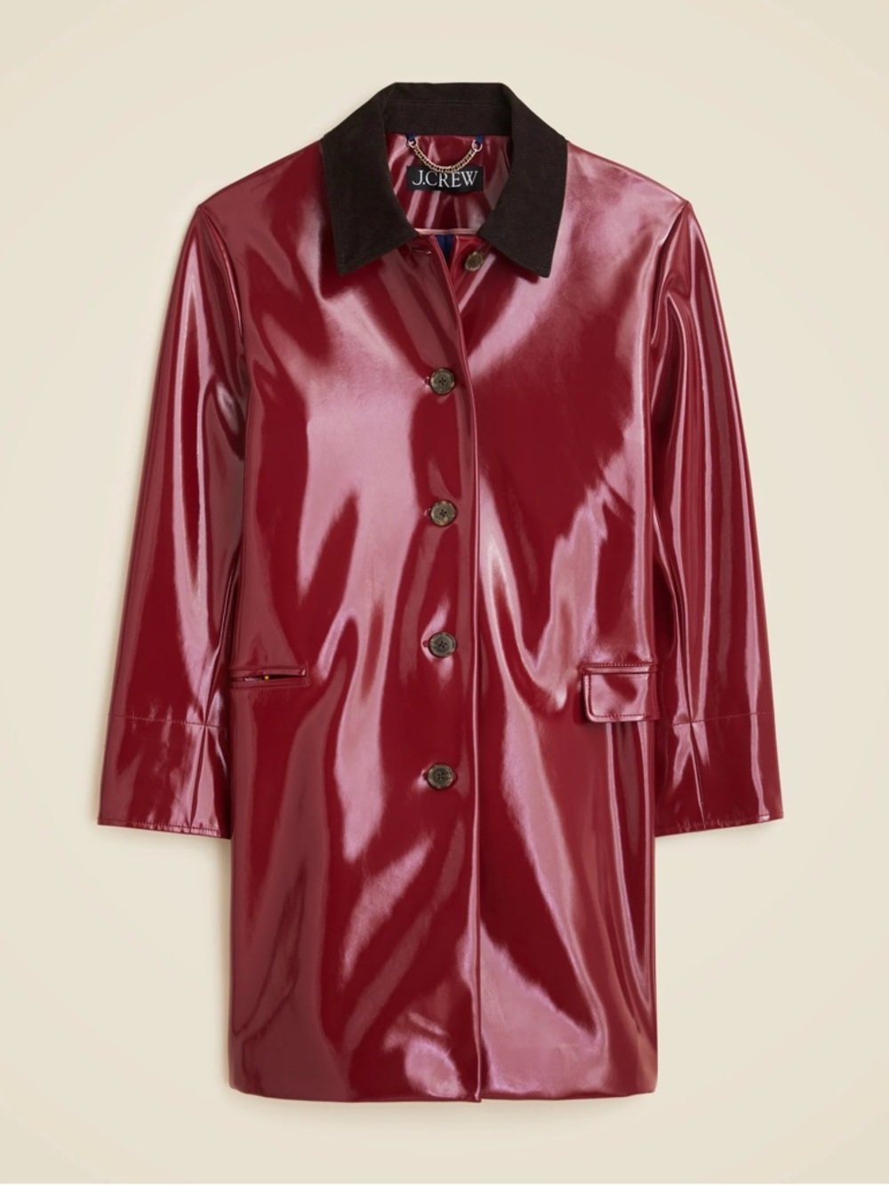 J. Crew Glossy Burgundy Trench Coat with Contrasting Corduroy Collar